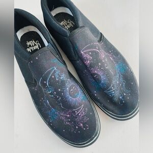 Yes We Vibe Black Celestial Moon & Sun Canvas Slip on Shoes Women’s Size 9.5